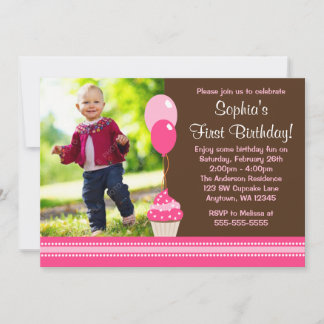 Cupcake Balloons Brown Pink Foto Geburtstag Einladung