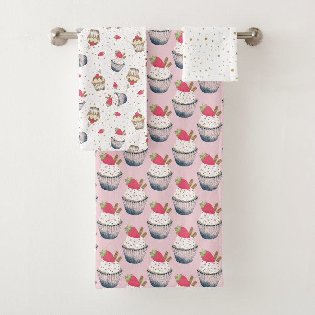 Cupcake Bath Handtuch Set - Pink Polka Dot Dessert (Insitu)