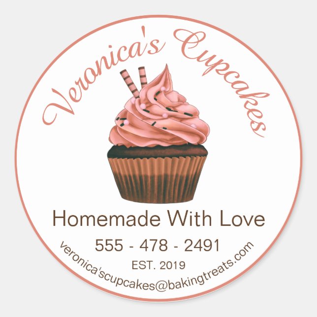 Cupcake Brown mit Kontaktdaten Runder Aufkleber (Vorderseite)