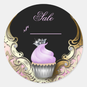 Cupcake Business Card Elegante Damaske Lila Schwar Runder Aufkleber