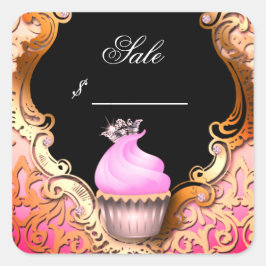 Cupcake Business Card Elegante Damaske Rosa Schwar Quadratischer Aufkleber