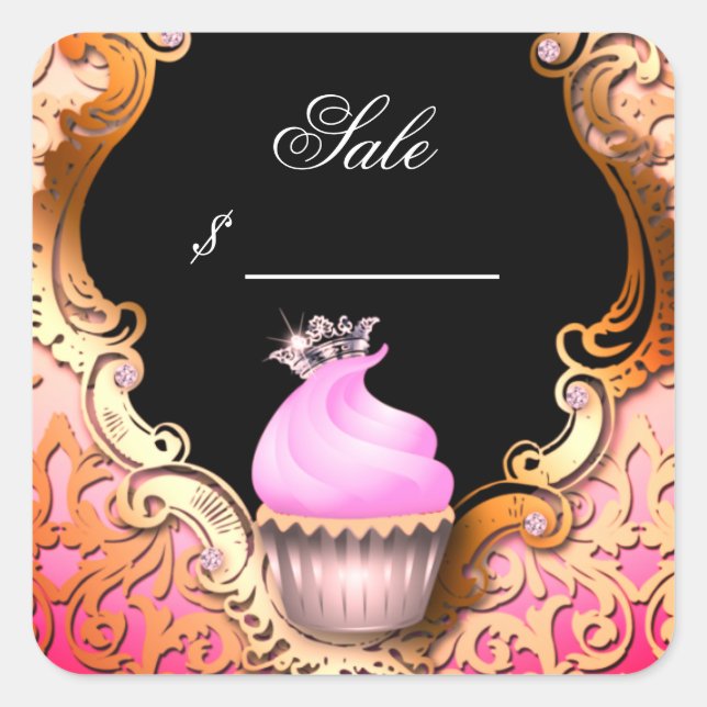 Cupcake Business Card Elegante Damaske Rosa Schwar Quadratischer Aufkleber (Vorderseite)