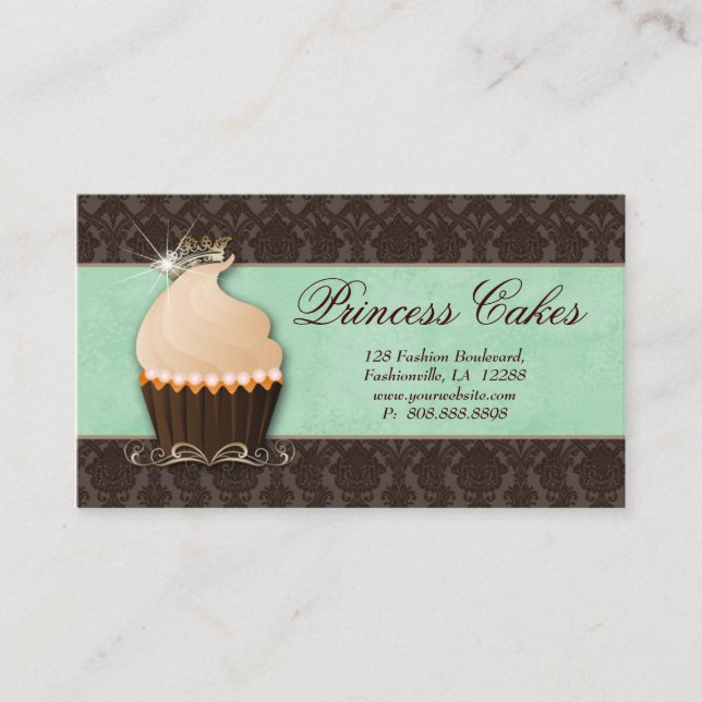 Cupcake Business Card Kronenminze brauner Damast Visitenkarte (Vorderseite)