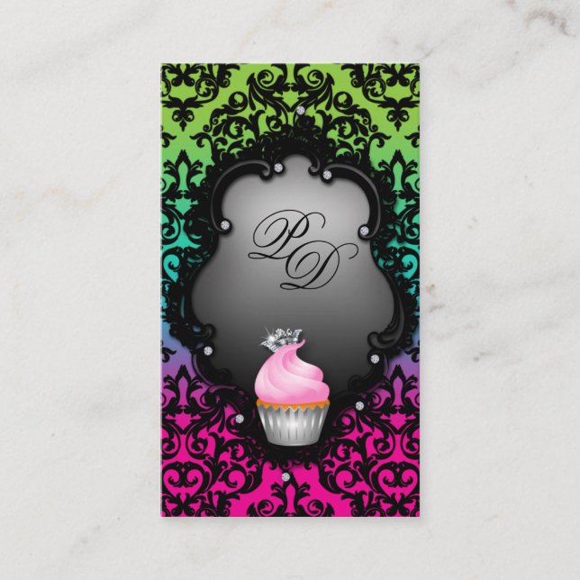 Cupcake Business Card Retrieuse Damask Rosa Grün Visitenkarte (Vorderseite)