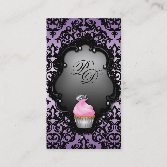 Cupcake Business Card Retro Damaske Schwarz Lila Visitenkarte (Vorderseite)