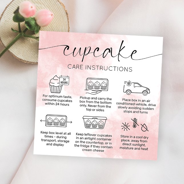 Cupcake Care Anleitung Rosa Wasserfarbe rot Quadratische Visitenkarte (Von Creator hochgeladen)