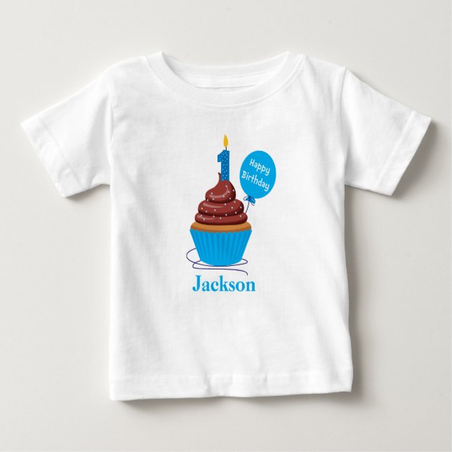 Cupcake First Birthday Tshirt blau Personalisiert (Vorderseite)