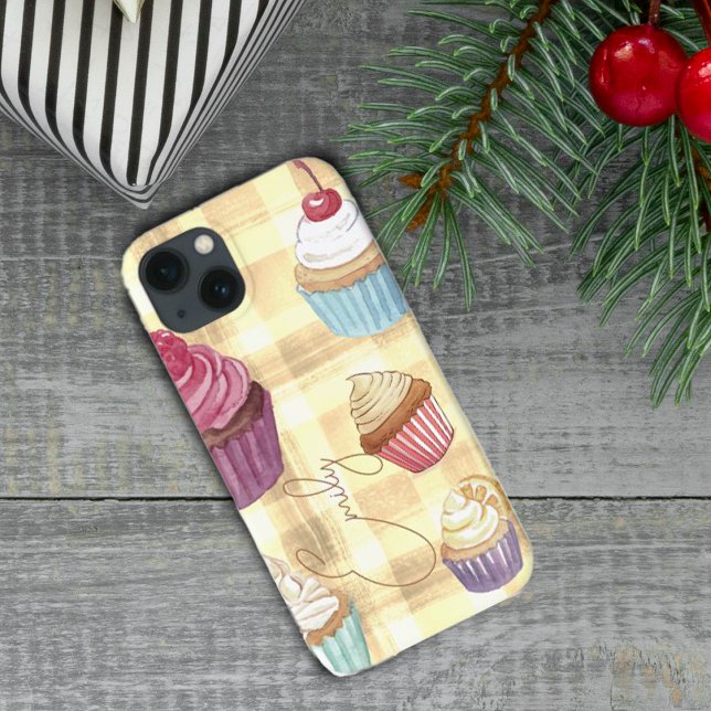 Cupcake-Gelb-Kariert-Monogram-Baker iPhone Hülle (Watercolor Cupcake Yellow Plaid Monogram Baker's Case-Mate iPhone Case)
