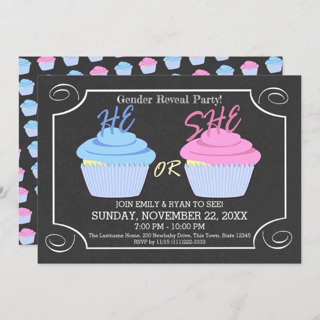 Cupcake Gender Reveal Party Einladung (Vorne/Hinten)