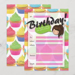 Cupcake Girl Birthday Einladung - Braunes Haar