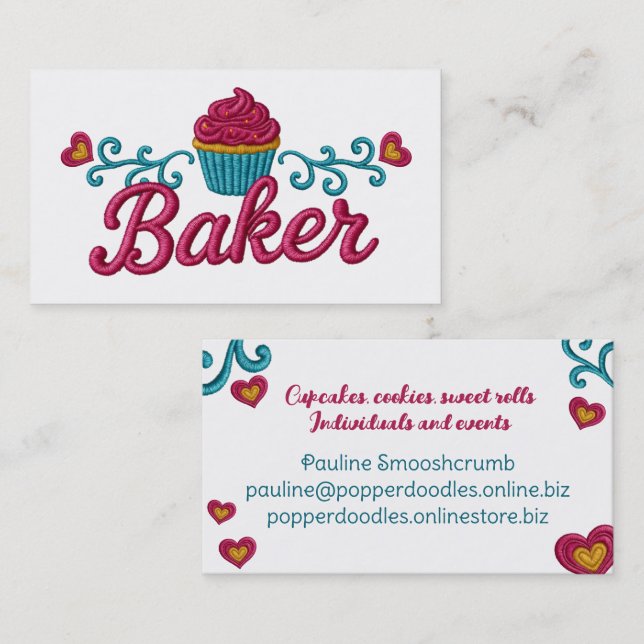 Cupcake heart bakery baking faux embroidery visitenkarte (Vorne/Hinten)