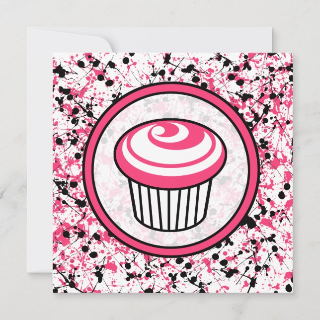 Cupcake Invasion - Pink & Black Paint Spritzer Einladung (Vorderseite)