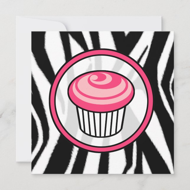 Cupcake Invasion - Zebra Print / Pink & Black Einladung (Vorderseite)