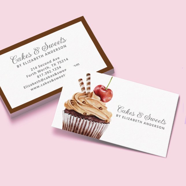 Cupcake Konditorei Koch Bäckerei Business Card Visitenkarte (A modern and elegant cupcake bakery business card featuring a chocolate cupcake with a cherry on top)