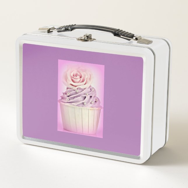 Cupcake Metal Lunch Box/ weiß und lila. Metall Brotdose (Vorderseite)