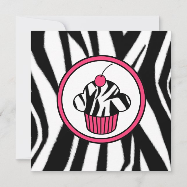 Cupcake mit Cherry Invasion - Zebra Print /Pink Einladung (Vorderseite)