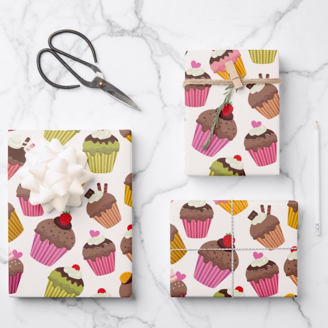 Cupcake Muster, Muffin Muster, Schokolade, Herz Geschenkpapier Set (Vorderseite)