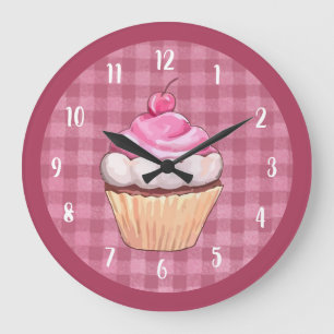 Cupcake Niedlich Pink Gingham Bäckerei Dessert Große Wanduhr