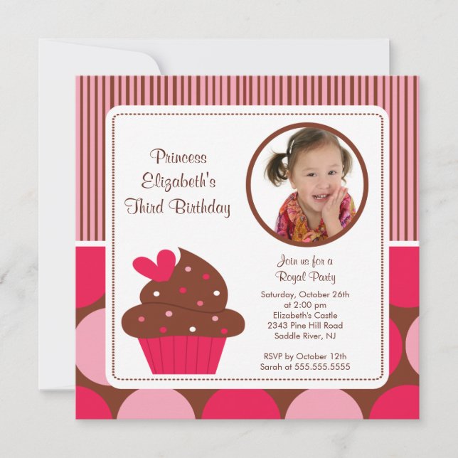Cupcake Photo Birthday Invitation Pink Polka Dots Einladung (Vorderseite)