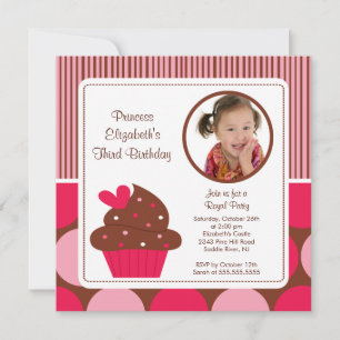 Cupcake Photo Birthday Invitation Pink Polka Dots Einladung