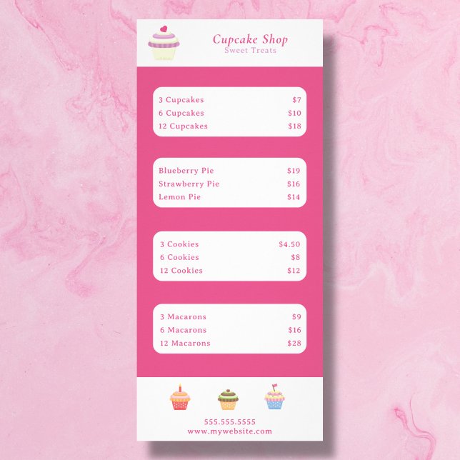 Cupcake Pink Menu & Price List Rack Card Werbekarte (Cupcake Pink Menu & Price List Rack Card)