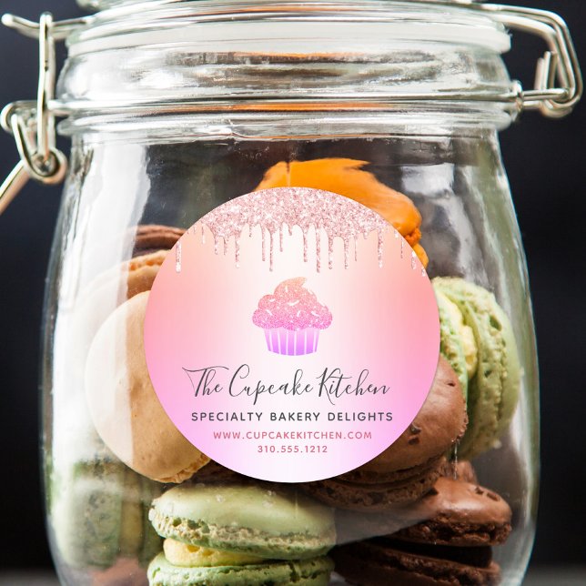 Cupcake Pink Rose Glitzer Bäckerei Rainbow Ombre Runder Aufkleber (Von Creator hochgeladen)