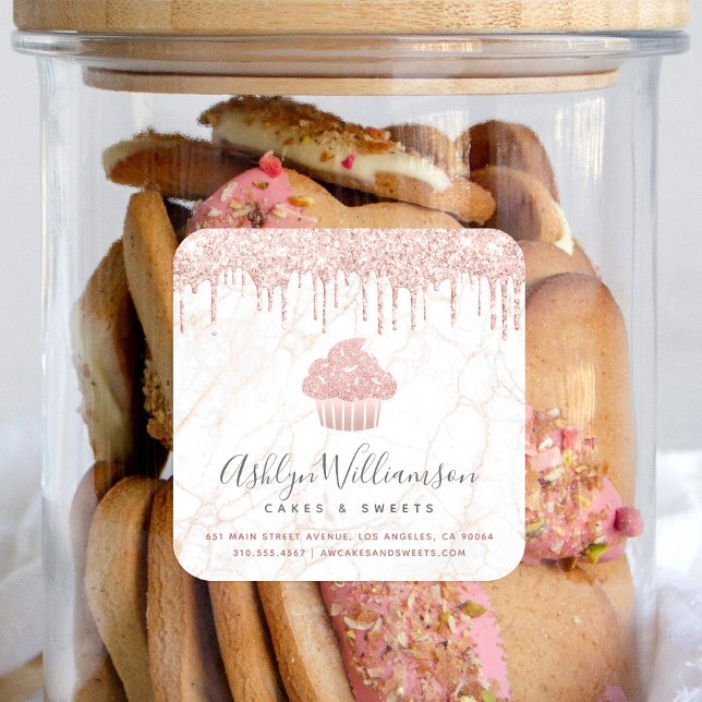 Cupcake Rose Gold Glitzer Tropfen Marmorbäckerei K Quadratischer Aufkleber (Von Creator hochgeladen)