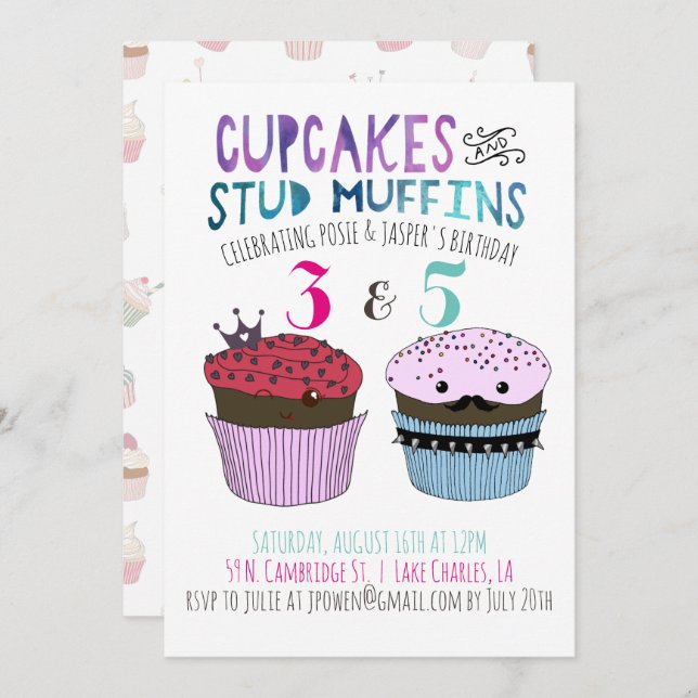 Cupcake & Stud Muffin Gemeinsame Party Einladung (Vorne/Hinten)