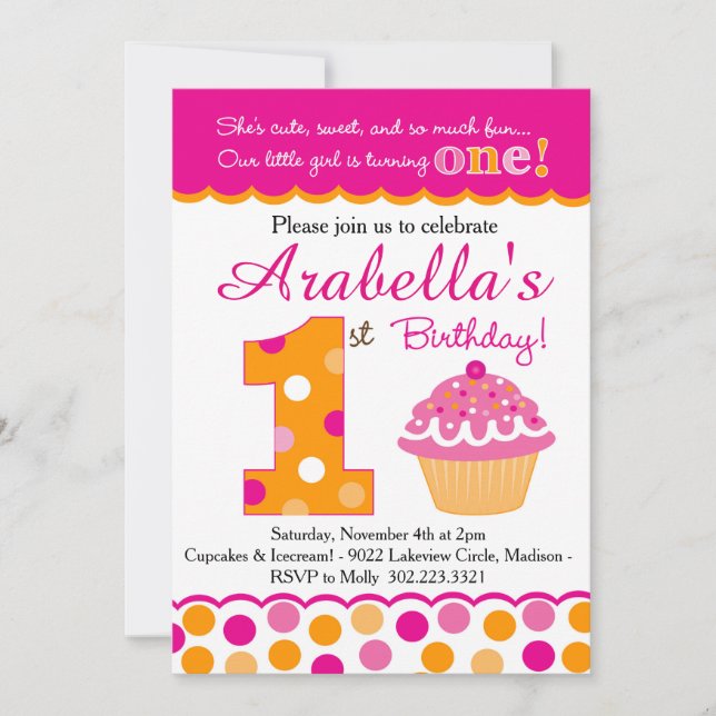 Cupcake Süsse Pie (rosa & orange) Erster Geburtsta Einladung (Vorderseite)
