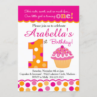 Cupcake Süsse Pie (rosa & orange) Erster Geburtsta Einladung