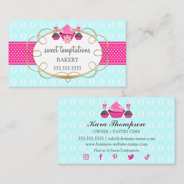 Cupcake und Cake Pops Aqua Pink Visitenkarte (Vorne/Hinten)