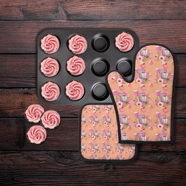 Cupcake und Mixer pfirsichfarben Ofenhandschuh & Topflappen-Set (Von Creator hochgeladen)