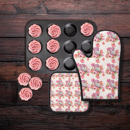 Cupcake und Mixer weiß Ofenhandschuh & Topflappen-Set