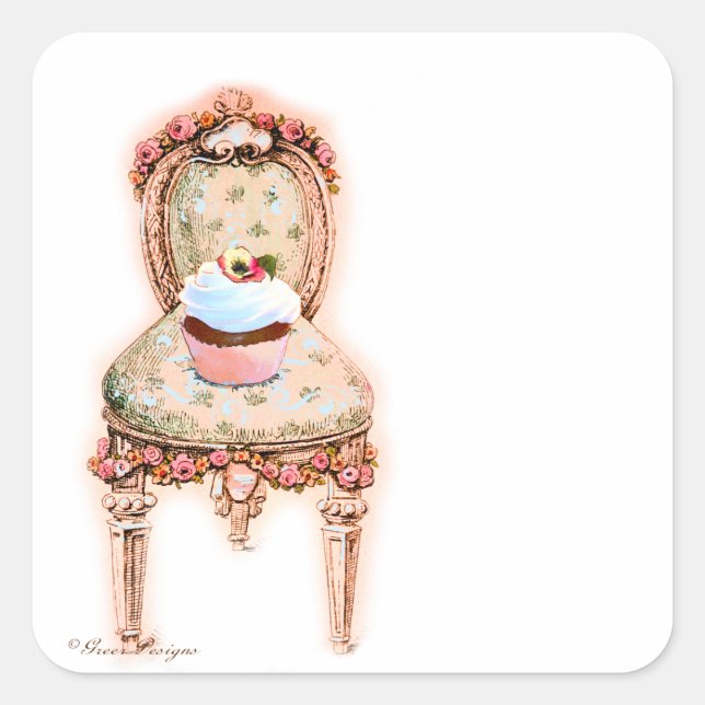 Cupcake und Stuhl Vintage Sticker Tags (Vorderseite)