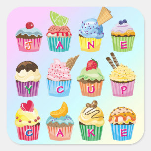 Cupcakes Add your Name Monogram Delicious Leckerei Quadratischer Aufkleber