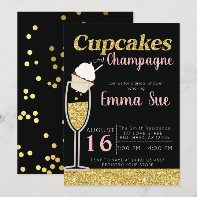 Cupcakes & Champagne Black & Gold Brautparty Einladung (Vorne/Hinten)
