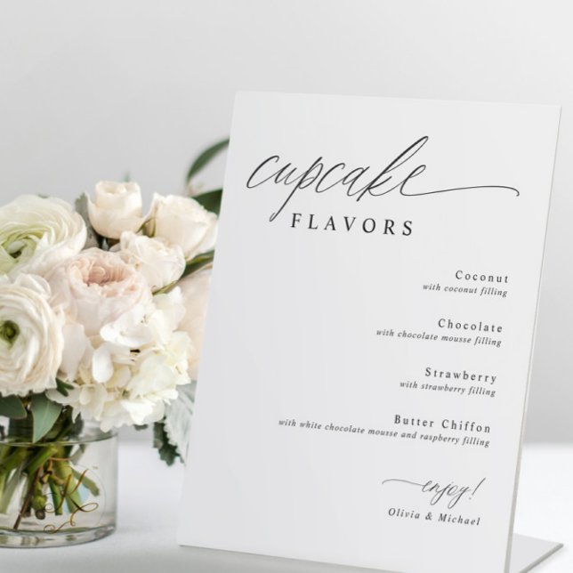Cupcakes Dessert Table Wedding Sockelschild (Cupcake flavors wedding sign with modern romantic calligraphy on self-standing display)