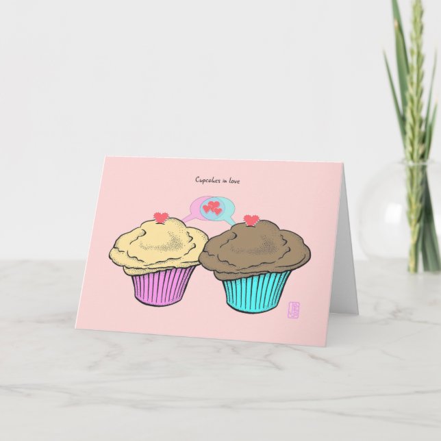 Cupcakes in Liebe CustardChocoPinkBlue Valentine Karte (Vorderseite)