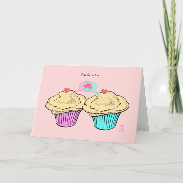 Cupcakes in Liebe CustardCustardPinkBlue Valentine Karte (Vorderseite)
