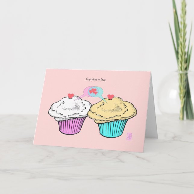 Cupcakes in Liebe VanillaCustardPinkBlue Valentine Karte (Vorderseite)
