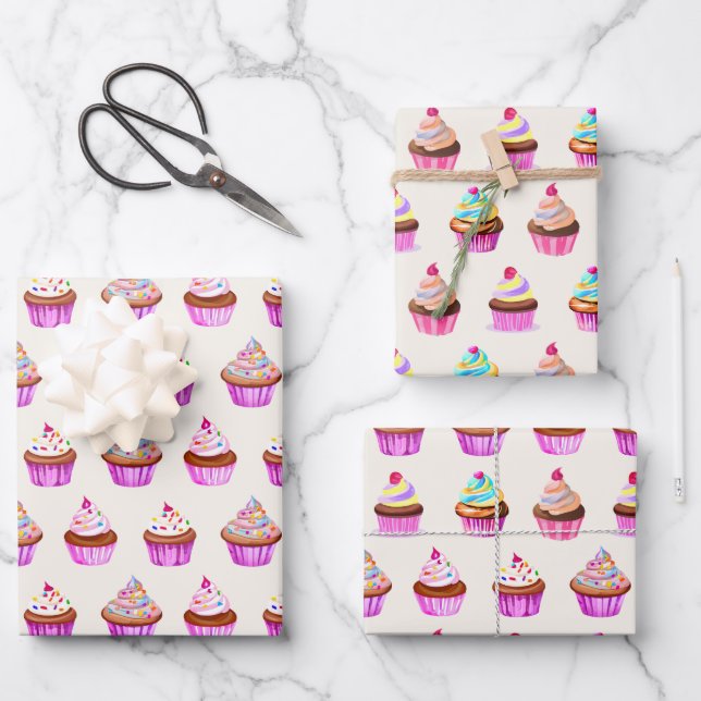 Cupcakes-Muster Geschenkpapier Set (Vorderseite)