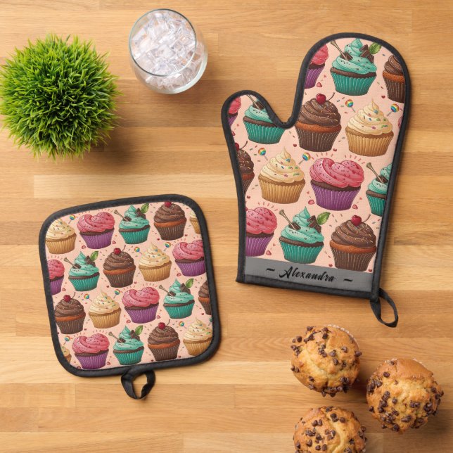 Cupcakes (Personalisiert) Ofenhandschuh & Topflappen-Set (Oben Unten)