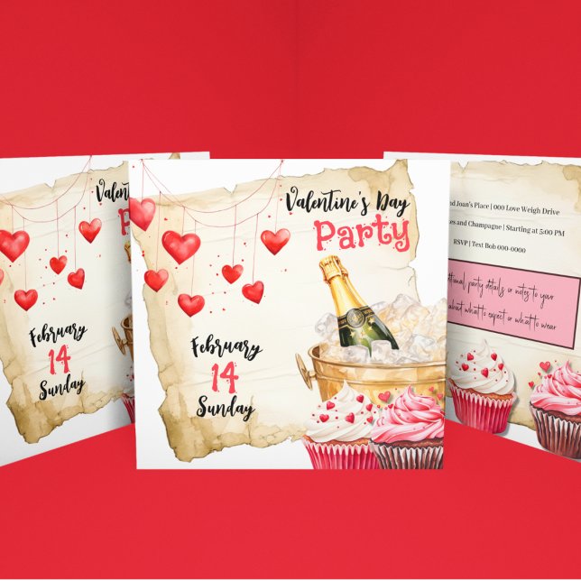 Cupcakes und Champagner Valentinstag Party Einladung (Cupcakes and Champagne Valentines Day party invite with red hearts and cute cakes. )