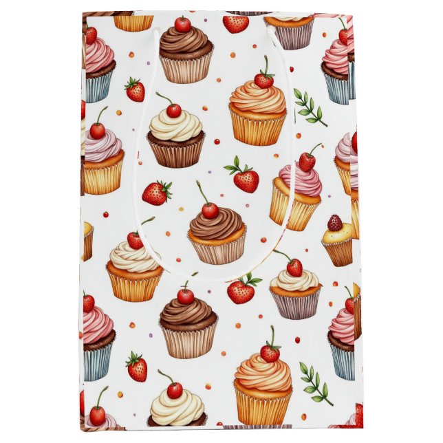 Cupcakes und Erdbeeren Mittlere Geschenktüte (Vorderseite)