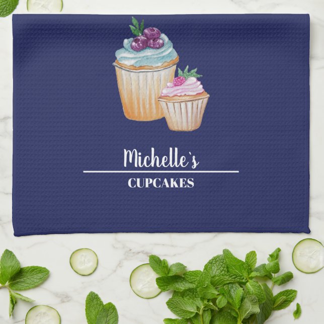 Cupcakes und Früchte Wasserfarben Geschirrtuch (Gefaltet)