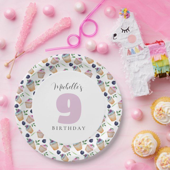 Cupcakes und Obst Wasserfarbe Mit Monogramm Pappteller (Party)