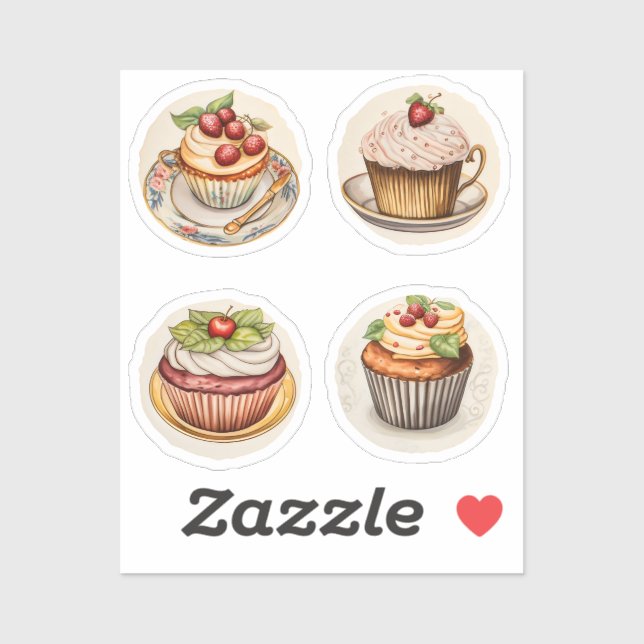 Cupcakes und Tassen 8 Aufkleber (Blatt)