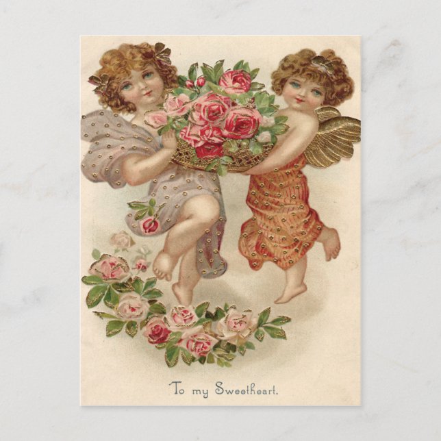 Cupid Cherub Angel Basket Rose Rose Postkarte (Vorderseite)