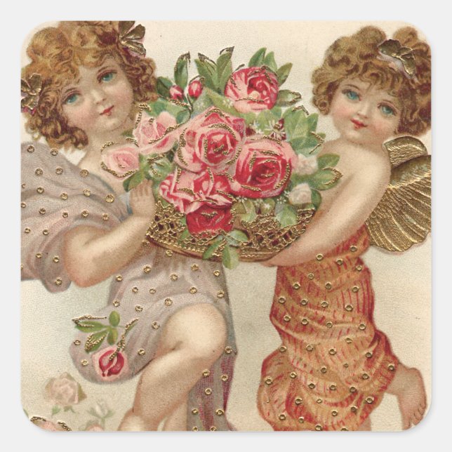 Cupid Cherub Angel Basket Rose Rose Quadratischer Aufkleber (Vorderseite)