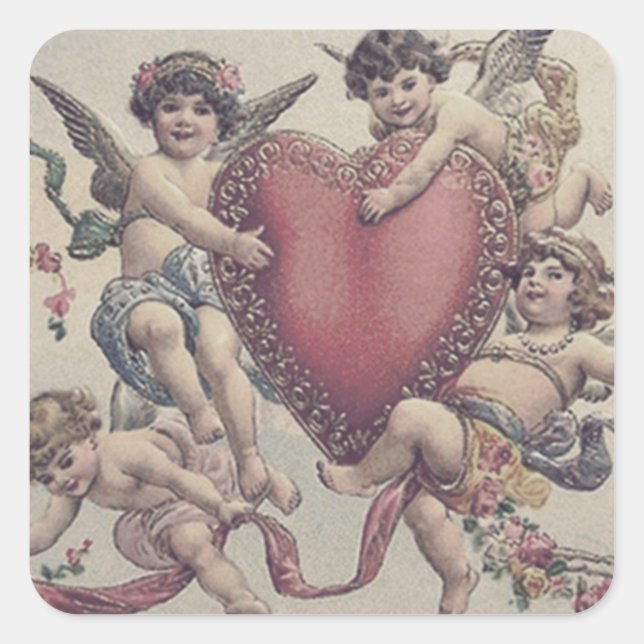 Cupid Cherub Angel Herz-Blume Quadratischer Aufkleber (Vorderseite)